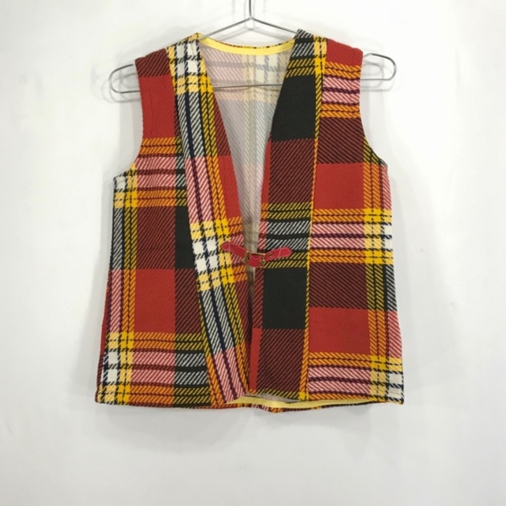 Vintage 70s Retro Plaid Buckle Front Woven Vest - Picture 4 of 12
